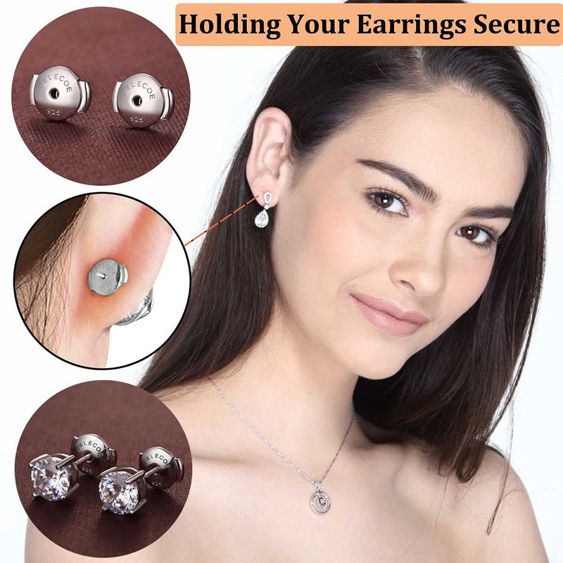 DELECOE 2 Paris Sterling Silver Locking Earring Backs Replacements for Diamond Studs, 18K White Gold Plated Screw Earring Backs, Secure Hypoallergenic Secure Earring Backs, No Fading Comfort Earring Backs - Image 5